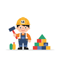 A playful child dressed as a construction worker, wearing a hard hat and holding a toy hammer, stands next to colorful building blocks in a vibrant 2D vector illustration.