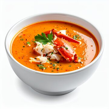 Creamy bisque served in a white bowl, featuring crab meat and parsley garnish isolated on white background