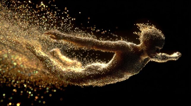 Sparkling figure in motion, depicting freedom and energy through digital art, infused with gold particles and dynamic essence - Powered by Adobe
