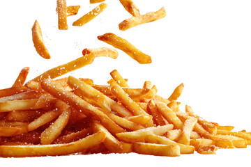 Delicious golden fried french fries sprinkled with salt falling against a transparent background