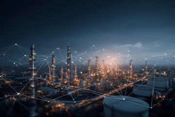 A Stunning Night View of a Large Industrial Oil and Gas Refinery with Illuminated Towers and Network Connections