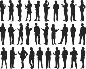 Business people silhouettes, professional men and women in formal suits, standing, talking, discussing, teamwork, communication, corporate meeting, office environment, leadership, collaboration.