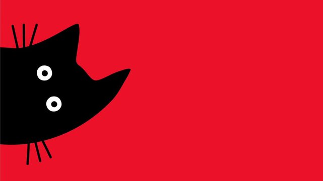 Black cat peeking from corner on solid red background