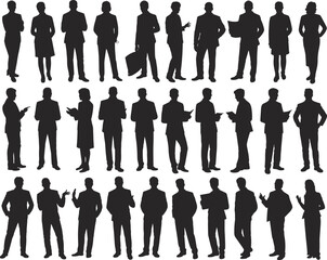 Business people silhouettes, professional men and women in formal attire, standing, talking, presenting, teamwork, office environment, corporate meeting, communication, leadership.