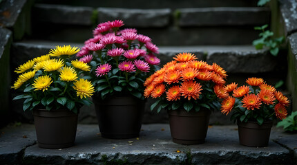 Obraz premium Vibrant autumn chrysanthemums in full bloom displayed on stone steps outdoors