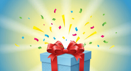 Light blue gift box with red ribbon, confetti explosion, and radiating light.