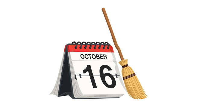 October 16th: National Dictionary Day illustration of a calendar with a broom symbolizing language cleaning and information curation