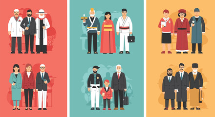 Diverse group of people in various professional and cultural attire standing together in organized panels