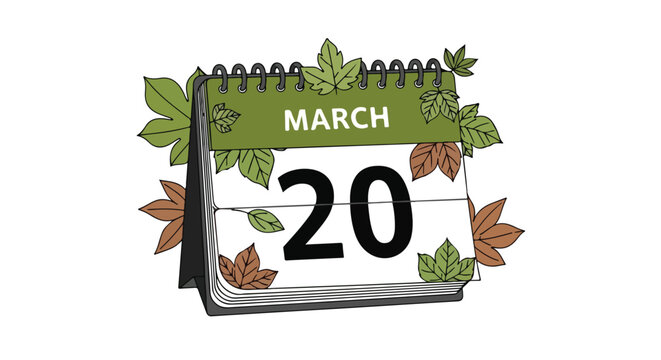 Stylized depiction of a calendar marking the spring equinox, March 20th date highlighted amidst gentle foliage illustrations for seasonal event