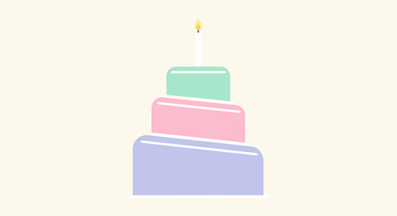 Create a detailed description, between 6 and 180 characters, without keyword lists.     *   "A minimalist illustration of a three-tiered birthday cake with p...
