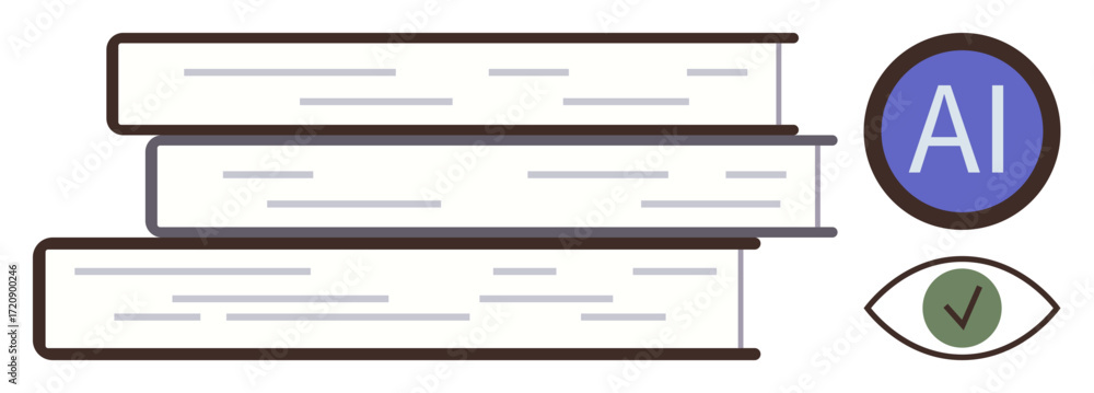 Poster stack of books arranged horizontally with ai symbol and eye checkmark. ideal for education, artifici