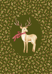 Christmas card with deer and mistletoe ornament. Hand drawn with watercolor. Retro styled xmas card