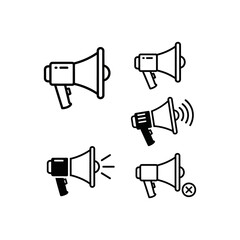 Simple megaphone icons illustrating various communication states, including sound waves and mute.