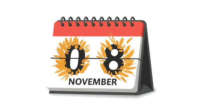 November eighth desk calendar illustration with festive wheat graphic element marking a significant date or occasion reminder