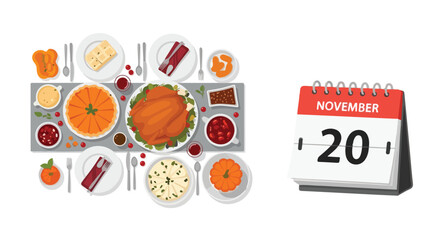 Thanksgiving anticipation: November 20th feast date with festive holiday meal display vector illustration