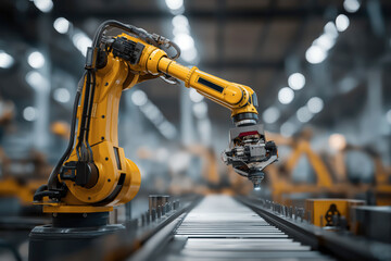 A Giant Yellow Robotic Arm is Operating and Moving Along a Conveyor Belt in a Car Factory