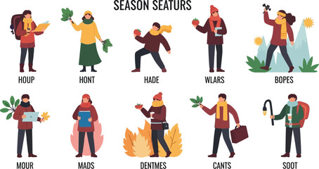 Fototapeta premium Seasonal characters showcasing different activities and outfits for various weather conditions