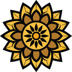 Decorative Indian Mandala Vector Golden Pattern with Black Outline Isolated Clipart for Festival, Spiritual, and Religious Artwork