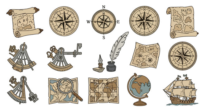 Vintage Nautical Navigation Tools and Maps Collection - Compasses, Sextants, Globes, and Ships.