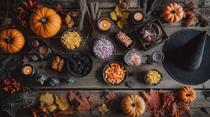 An Overhead View of a Halloween-Themed Table Setting with Candy and Pumpkins on a Wooden Table