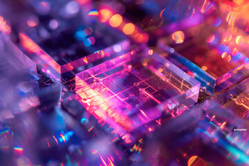 A Colorful Close-Up Image of a Computer Chip and a Microprocessor with a Bright Pink and Purple Glow