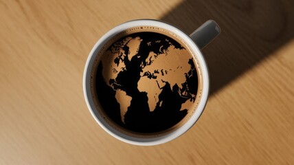 Creative world map design in coffee cup foam