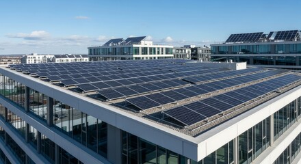 Solar panels installed on modern building rooftop for sustainable energy