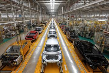An Overhead View of a Modern Automotive Assembly Line with a Variety of Car Bodies in a Large Factory