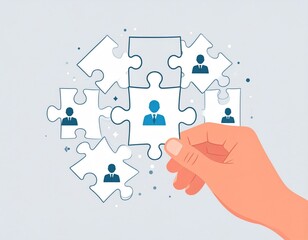 Hand Assembling Teamwork Puzzle with People Icons on Light Blue Background