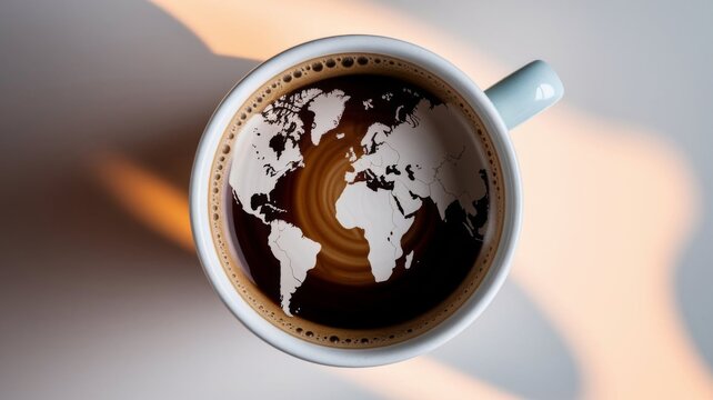 Creative world map design in coffee cup foam