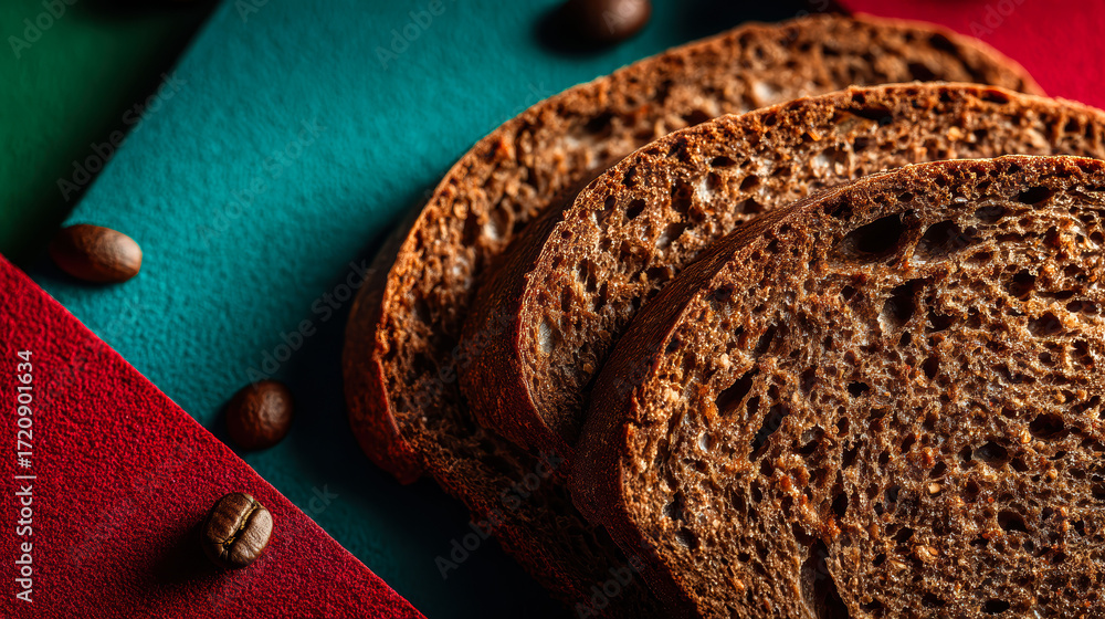 Poster a close up of a slice of bread with a few coffee beans on top. the bread is brown and has a slightly