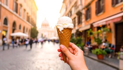 Hand holding ice cream cone in Rome