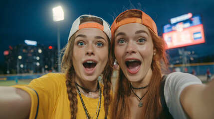 Excited Baseball Fans Taking a Selfie at Night Game