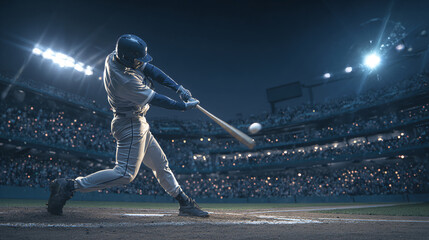 Powerful Baseball Swing Night Game Action Shot