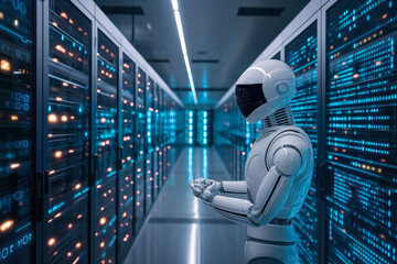 Full Body Shot of a Futuristic White Android Inspecting a Data Server in a Server Room