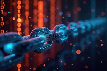 A digital chain with glowing blue links and binary code in the background with bokeh effect lights