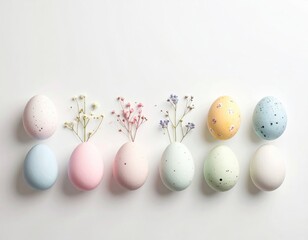 Pastel Easter Eggs with Flowers, Minimalist White Background.
