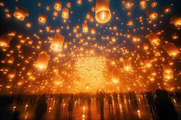 A Vast Crowd of People Gathers to Release Many Glowing Lanterns into the Sky at Night