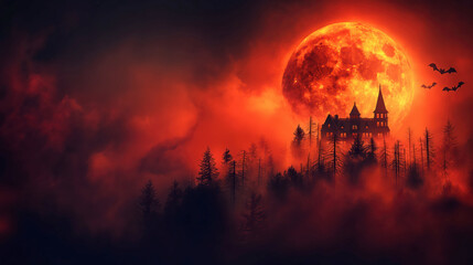 A spooky, haunted castle silhouette with flying bats against a dramatic red and orange blood moon in a misty forest