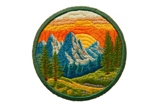 Embroidered circular patch depicting a mountainous landscape with setting sun and evergreen trees transparent