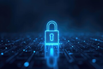 A glowing padlock icon on a dark blue background with circuit board lines and small glowing dots around it