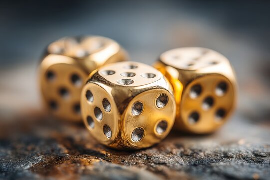 Golden dice with detailed pips resting on a textured surface illuminated by soft natural light creating a luxury gaming atmosphere
