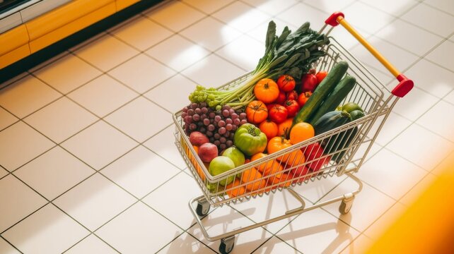 Shopping cart full of fresh fruits and vegetables in supermarket aisle, top view