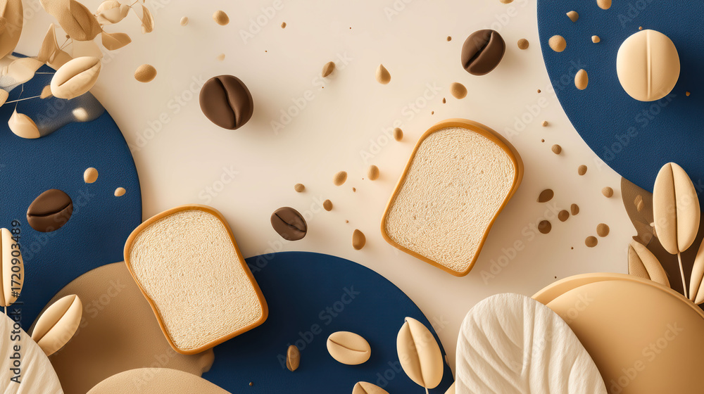 Poster a close up of two slices of bread with a pile of nuts and coffee beans on top. the bread slices are 