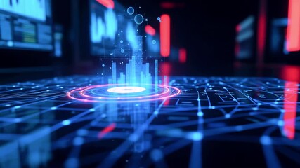 Futuristic data visualization on a digital interface with glowing graphs and high-tech displays - Powered by Adobe