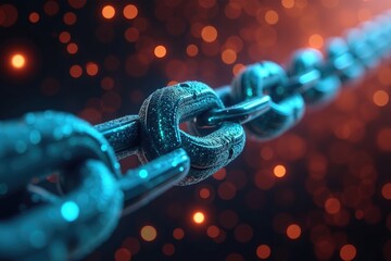 A close up view of a metal chain with a blurred background of orange lights and dark shadows