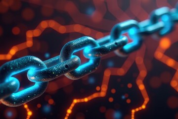 A digitally rendered chain with glowing links against a blurred orange circuit board background