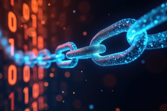 A digital chain link with glowing blue edges against binary code background with bokeh effect