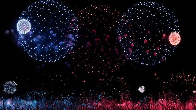 A vibrant display of fireworks erupting in the night sky with a colorful ground-level effect