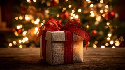 A beautifully wrapped gift box with a red bow glowing in a decorated cabin